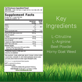 Emballage Irwin Naturals L-Citrulline + L-Arginine avec ingrédients clés