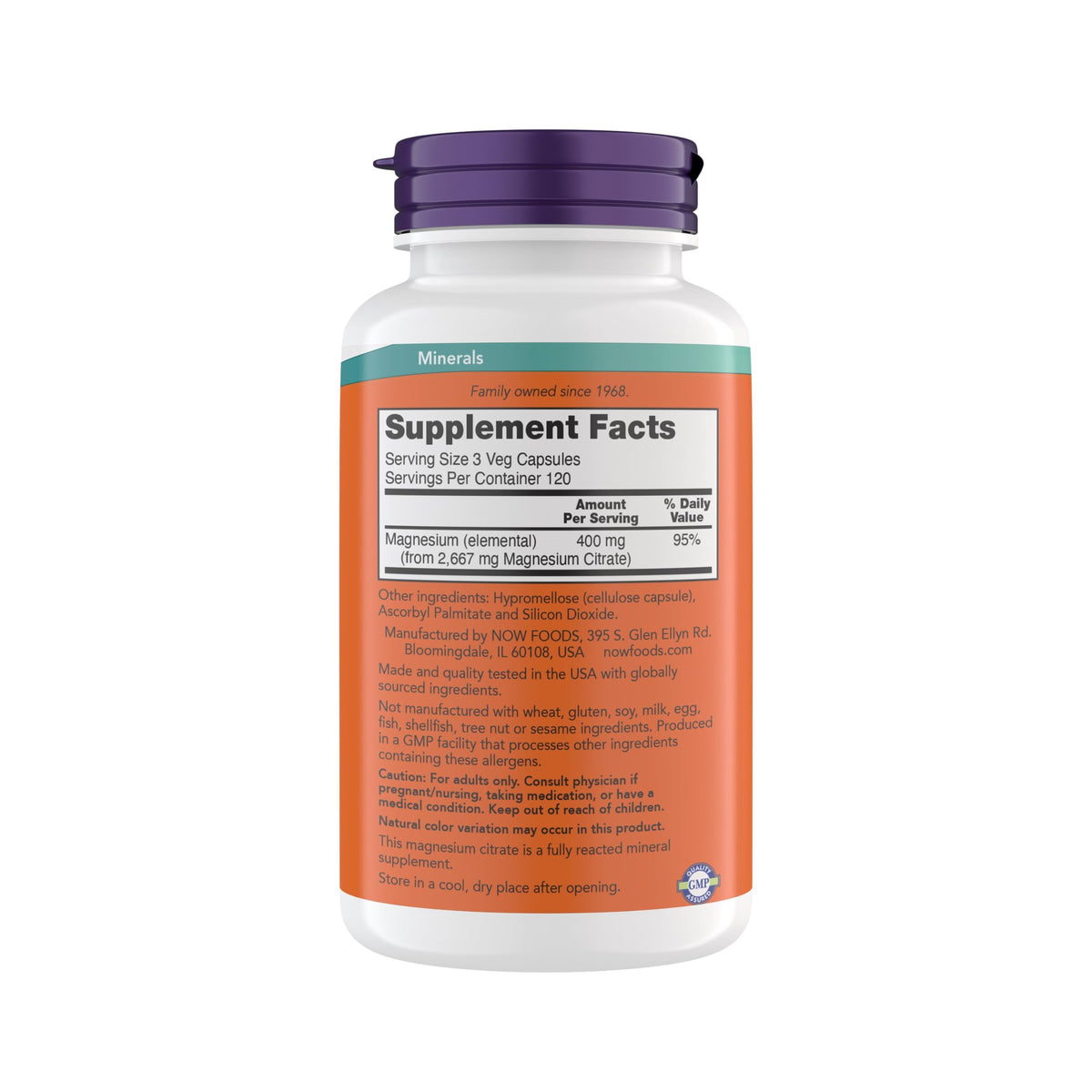 Emballage NOW Foods Citrate de Magnésium avec informations nutritionnelles