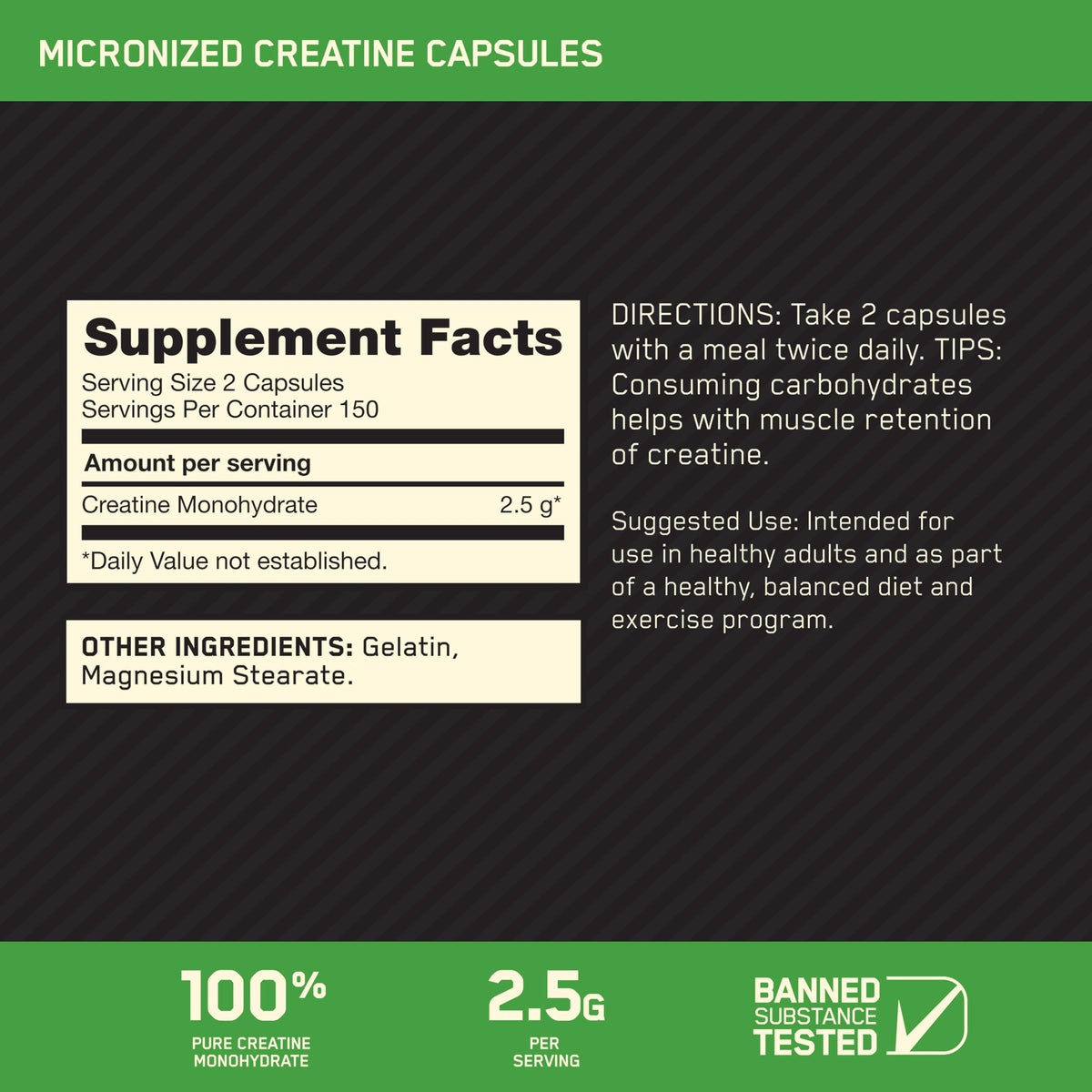 Emballage Optimum Nutrition Créatine Monohydrate 300 Ct