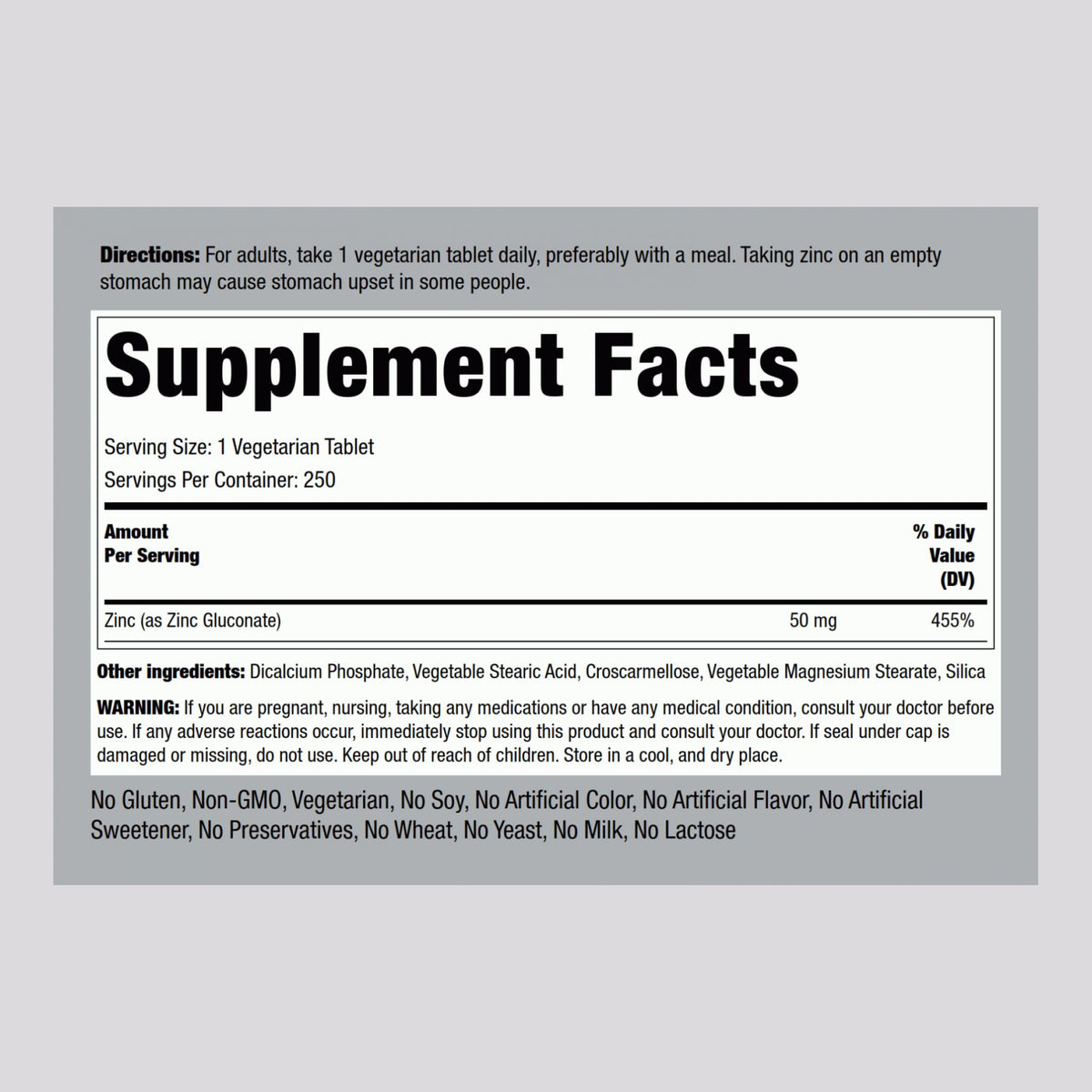 Emballage Piping Rock Zinc 50mg avec informations nutritionnelles