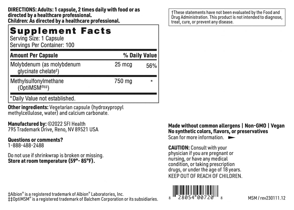 Emballage SFI Health MSM 750 mg 100 capsules