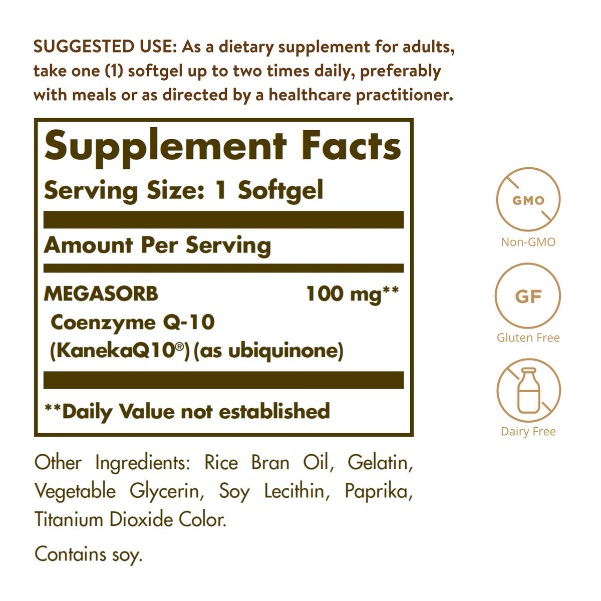 Emballage Solgar Megasorb CoQ-10 100 mg avec informations nutritionnelles