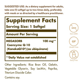 Emballage Solgar Megasorb CoQ-10 100 mg avec informations nutritionnelles