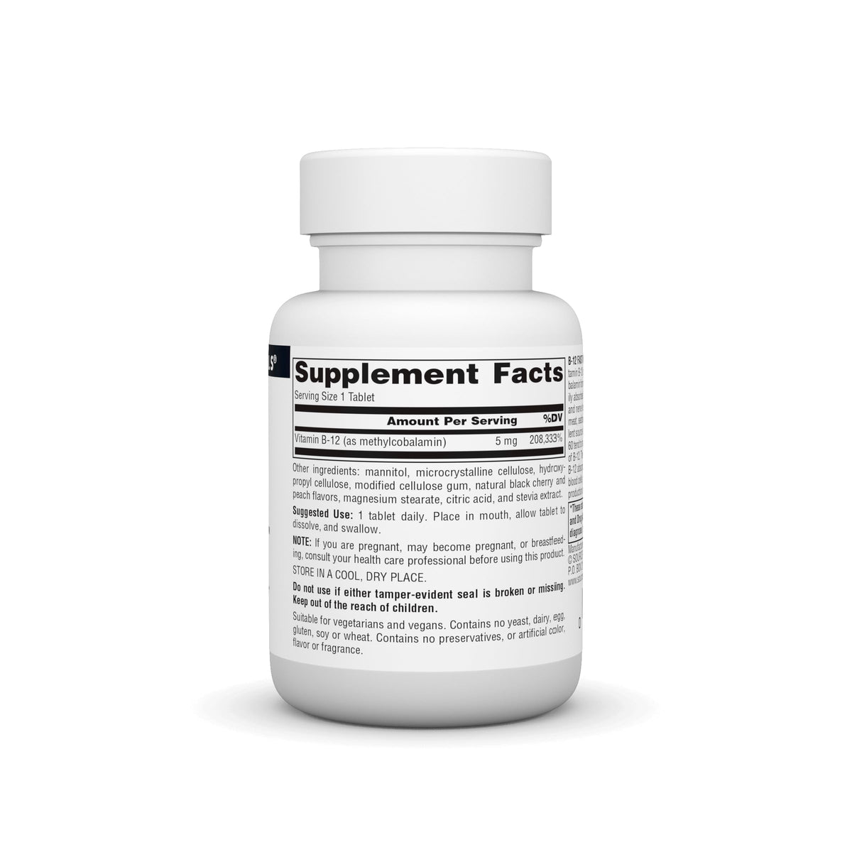Emballage Source Naturals Vitamine B-12 5 mg avec informations nutritionnelles