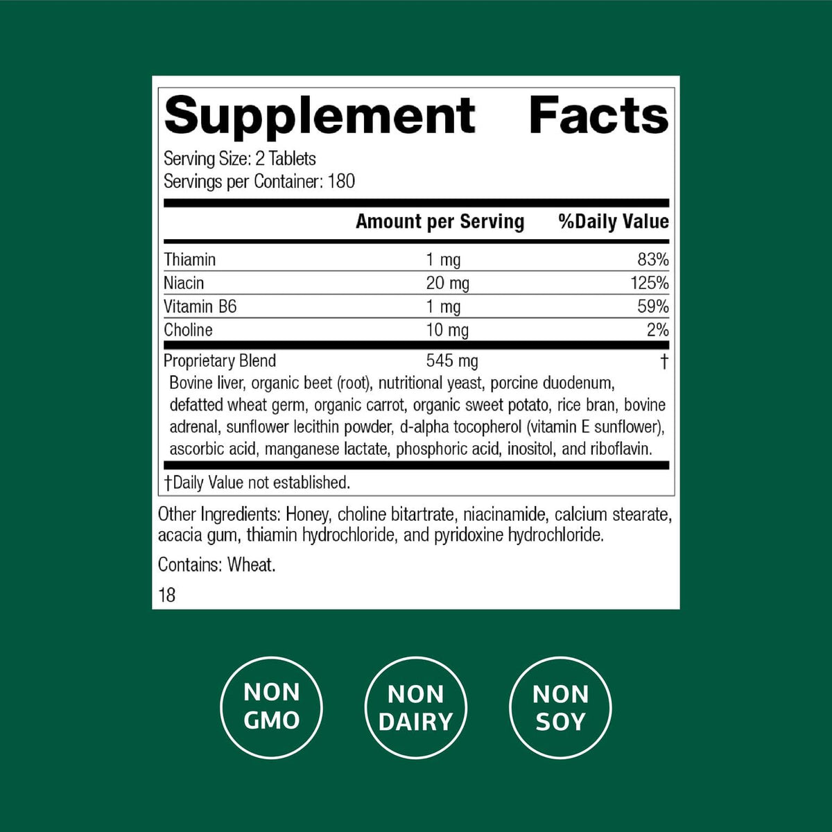 Emballage Standard Process Cataplex B, détails nutritionnels