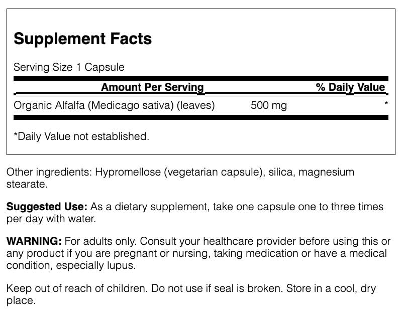 Emballage Swanson Alfalfa 500 mg avec capsules à l'intérieur