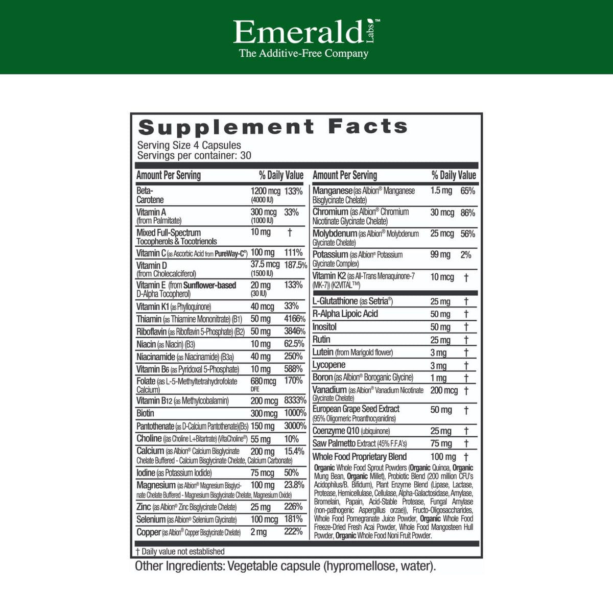 EMERALD LABS 45+ Multivitamines 120 capsules étiquette