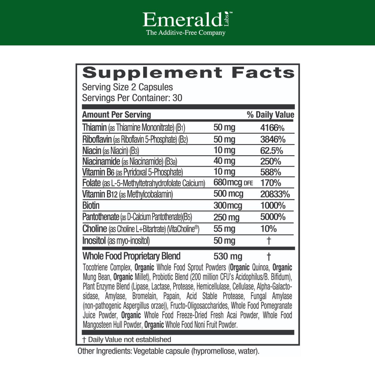 EMERALD LABS B-Healthy 60 capsules arrière avec ingrédients