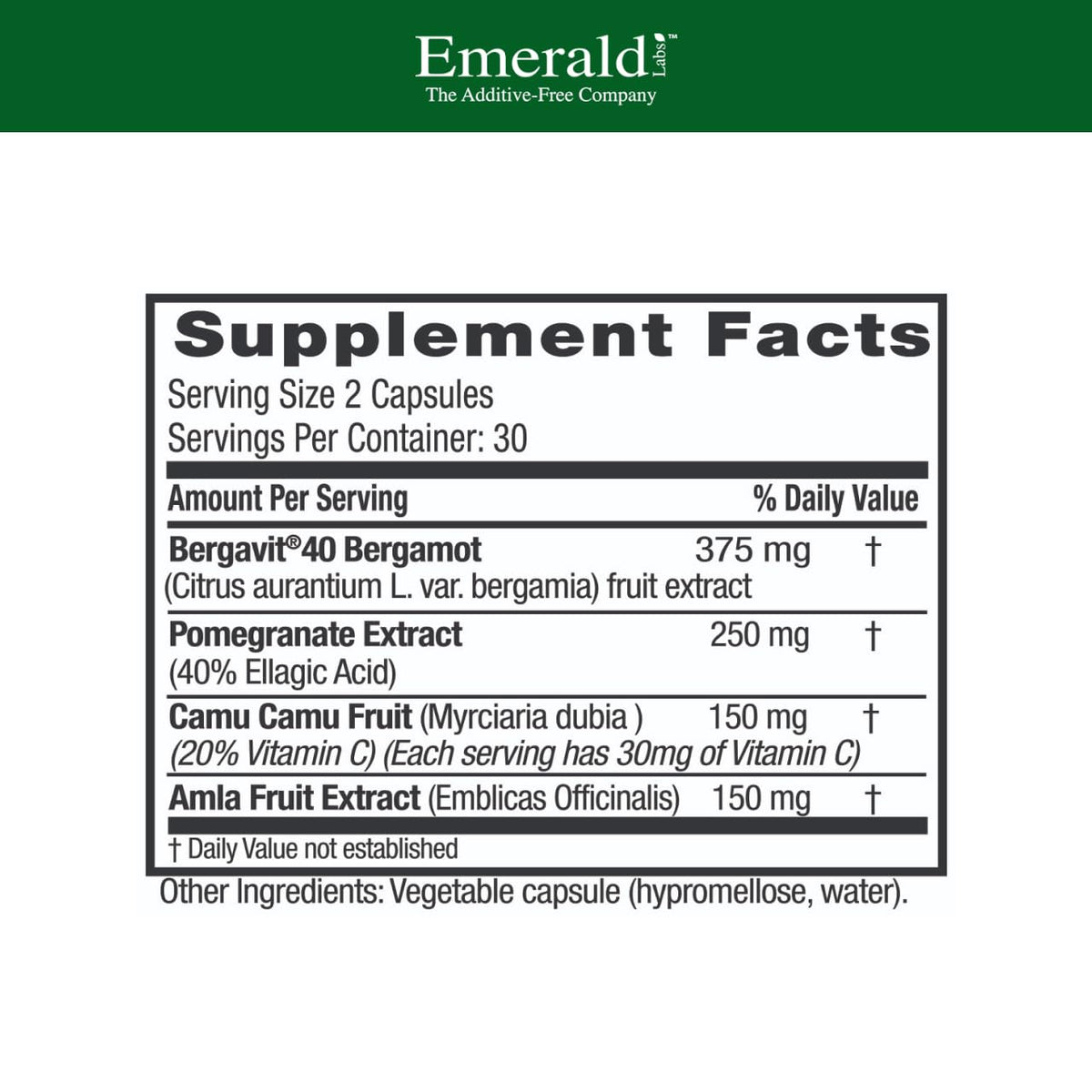 EMERALD LABS Bergamot+ vue arrière de l'emballage