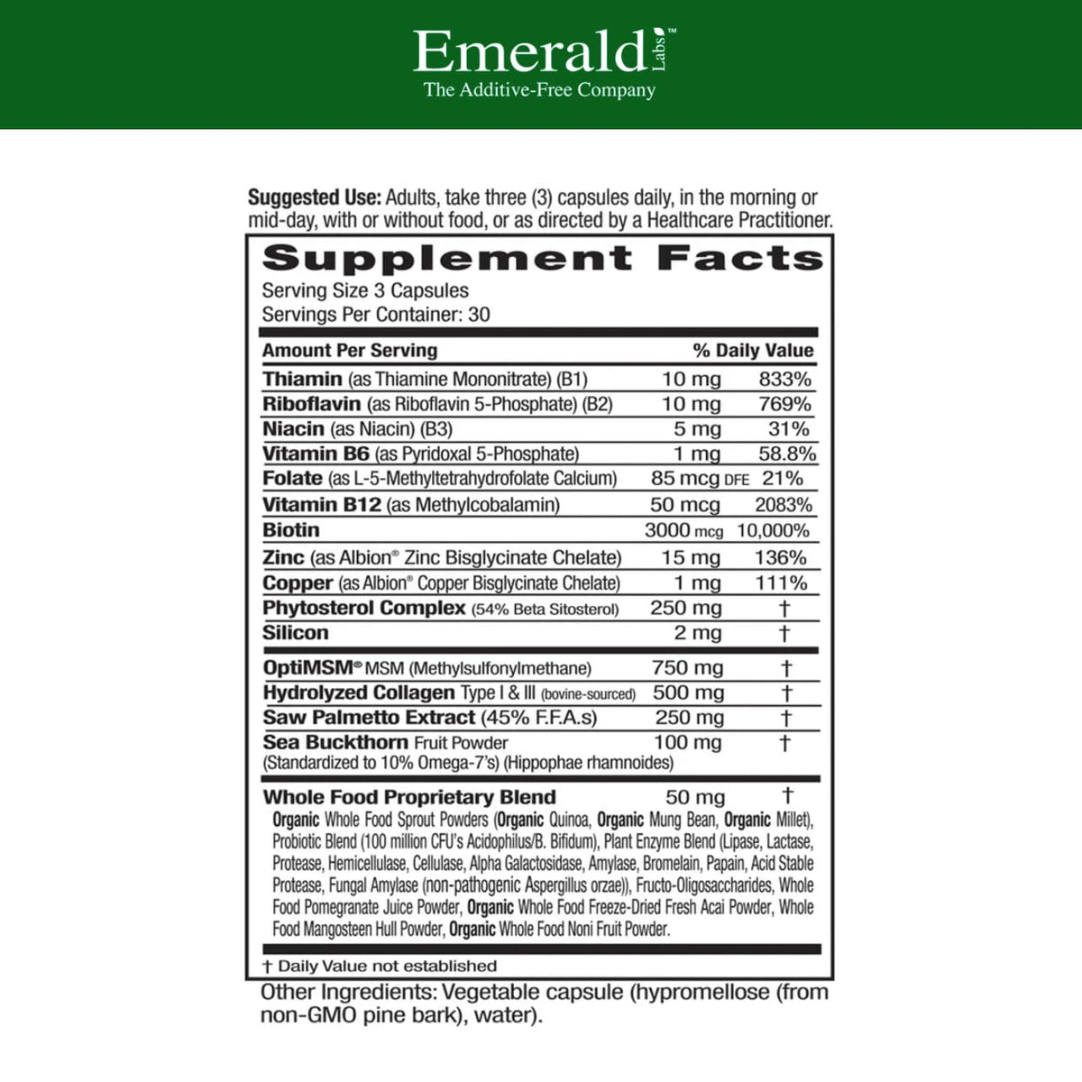 EMERALD LABS Collagen Health 90 capsules, vue de côté