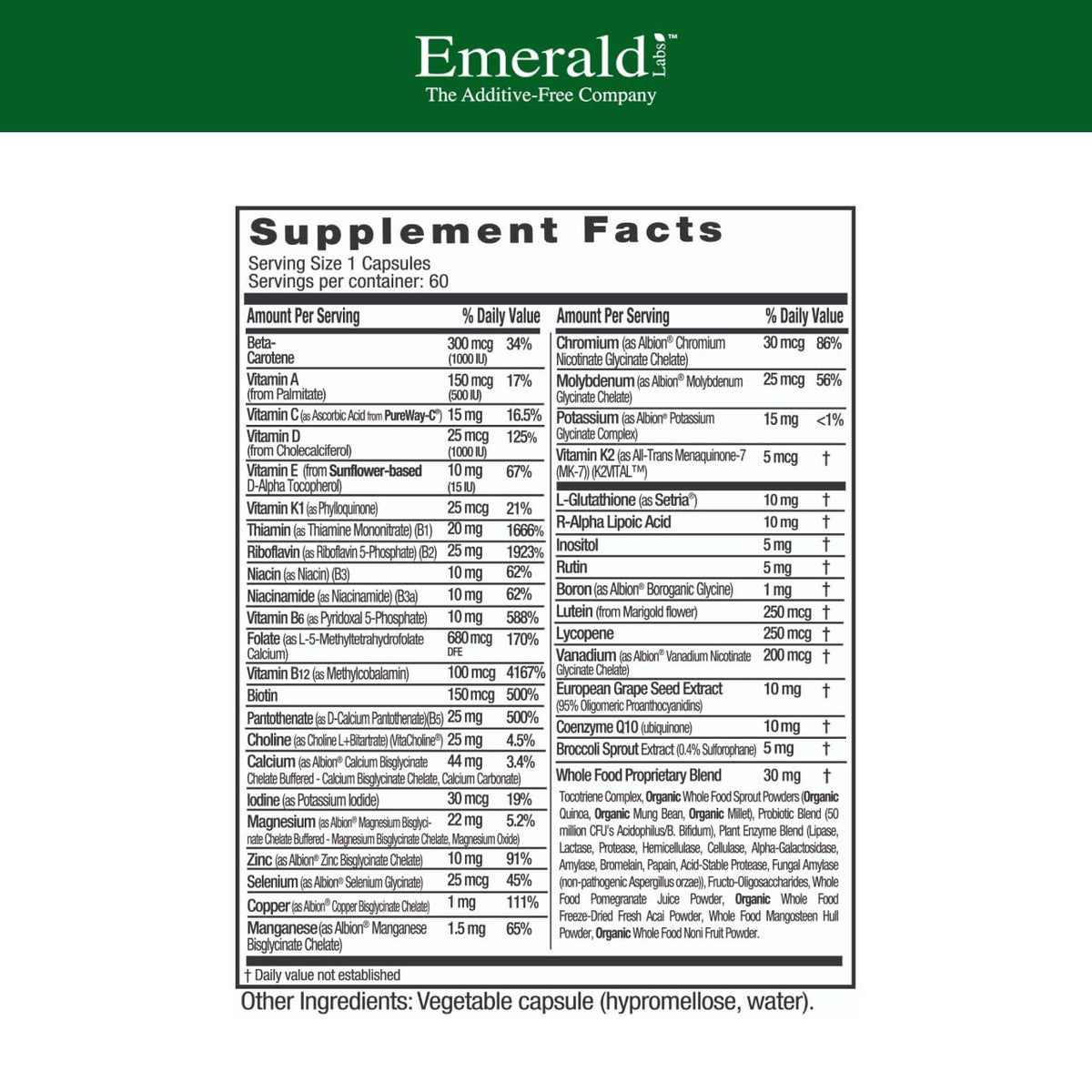 EMERALD LABS Complément Alimentaire Femmes 45+ informations nutritionnelles sur l'emballage
