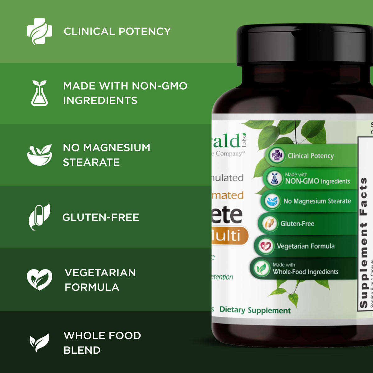 EMERALD LABS Complément Alimentaire Multivitamines 30 Capsules sur une table avec des ingrédients