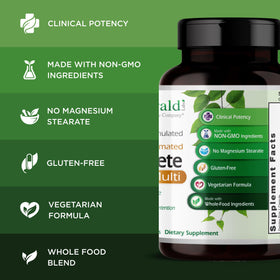EMERALD LABS Complément Alimentaire Multivitamines 30 Capsules sur une table avec des ingrédients