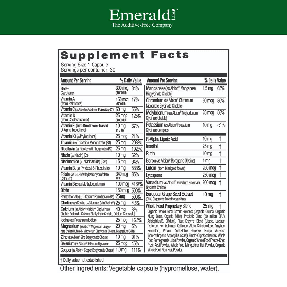 EMERALD LABS Complément Alimentaire Multivitamines 30 Capsules vue de dos