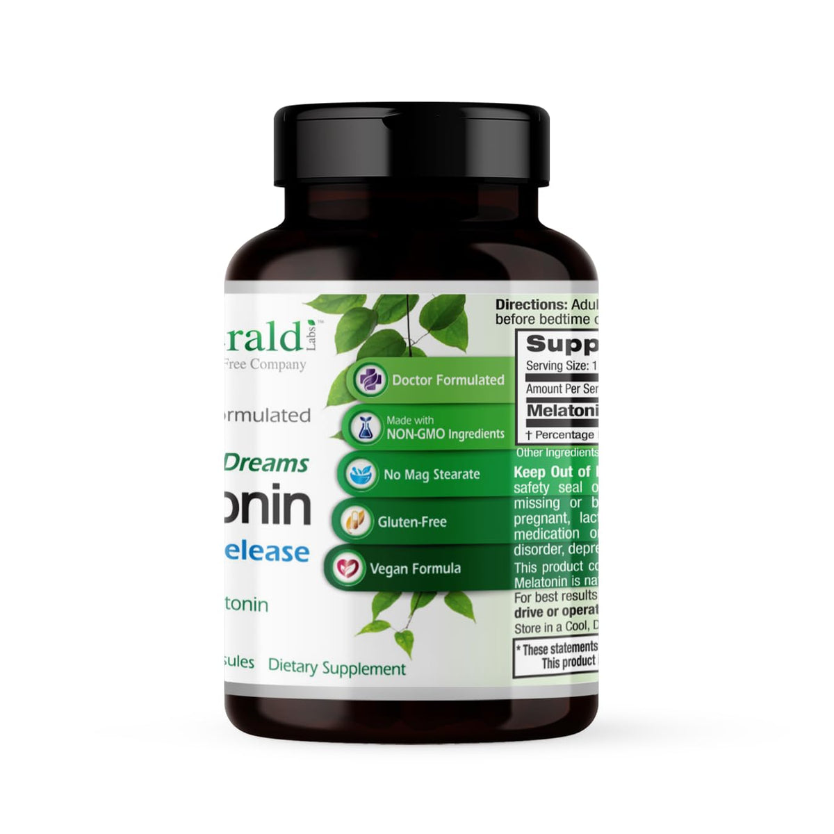 EMERALD LABS Complément de Mélatonine 60 Capsules Végétales côté de l'emballage