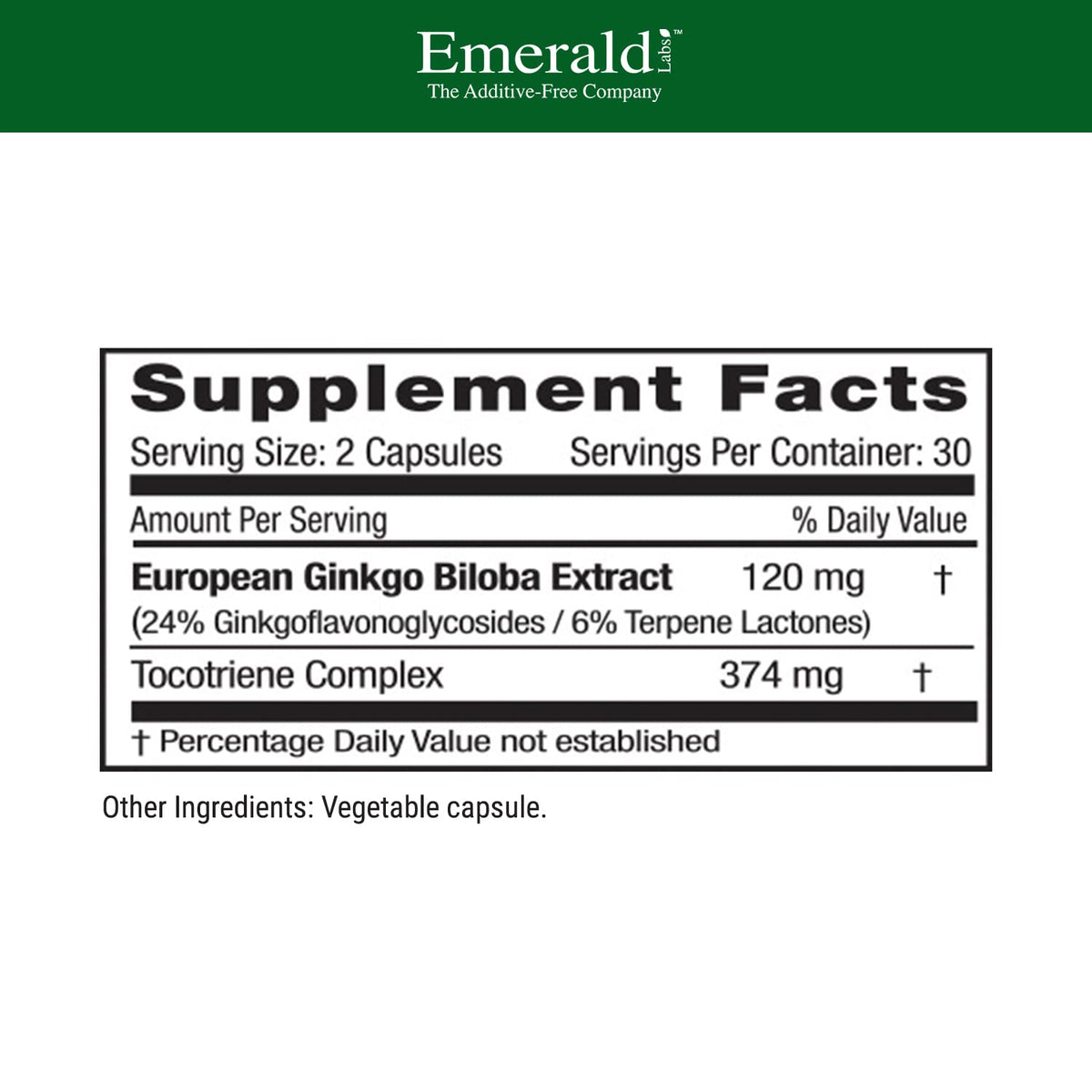EMERALD LABS Extrait de Ginkgo Biloba, vue du côté de l'emballage