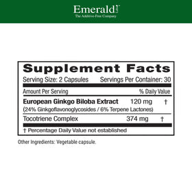 EMERALD LABS Extrait de Ginkgo Biloba, vue du côté de l'emballage
