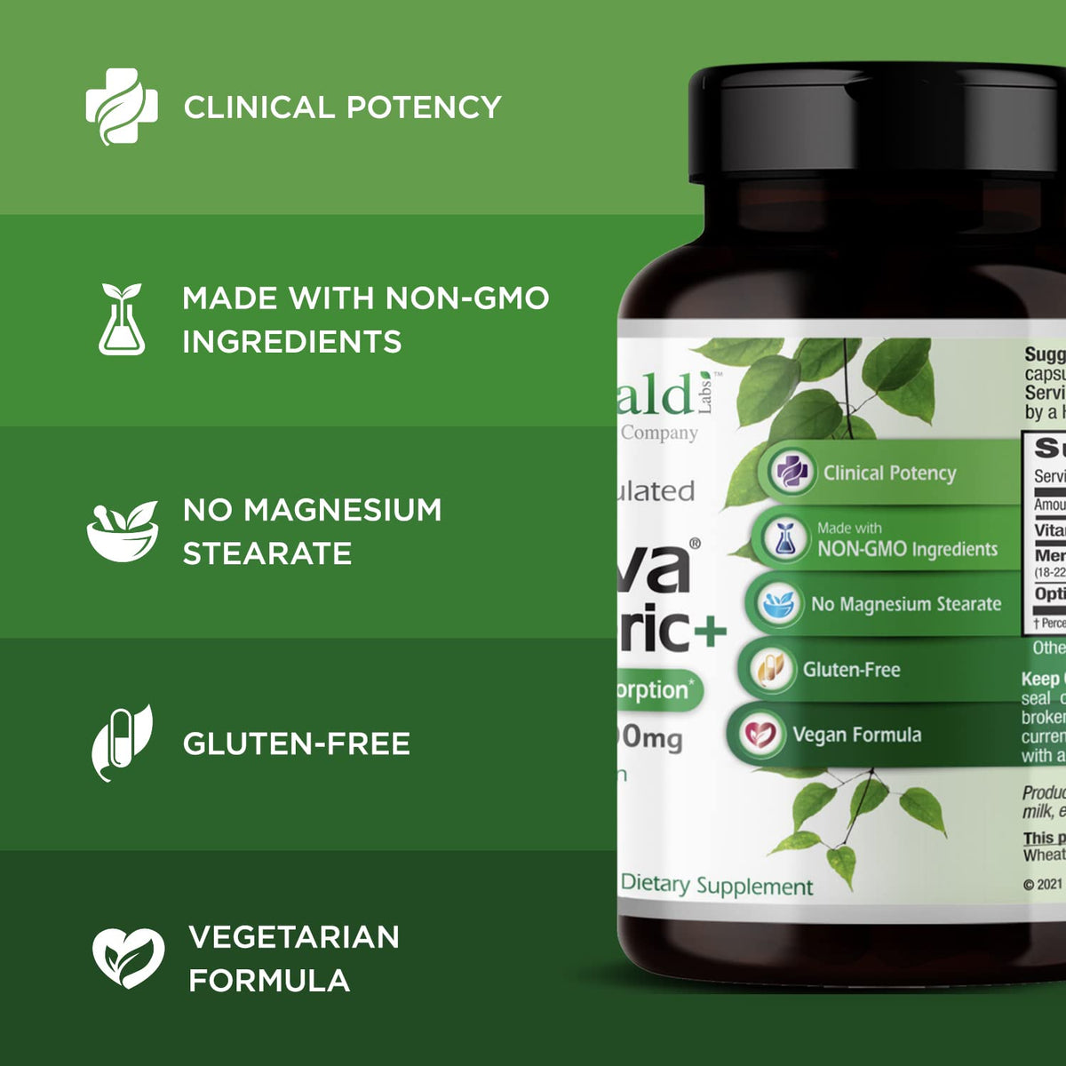 EMERALD LABS Meriva Turmeric Plus capsules on a wooden table