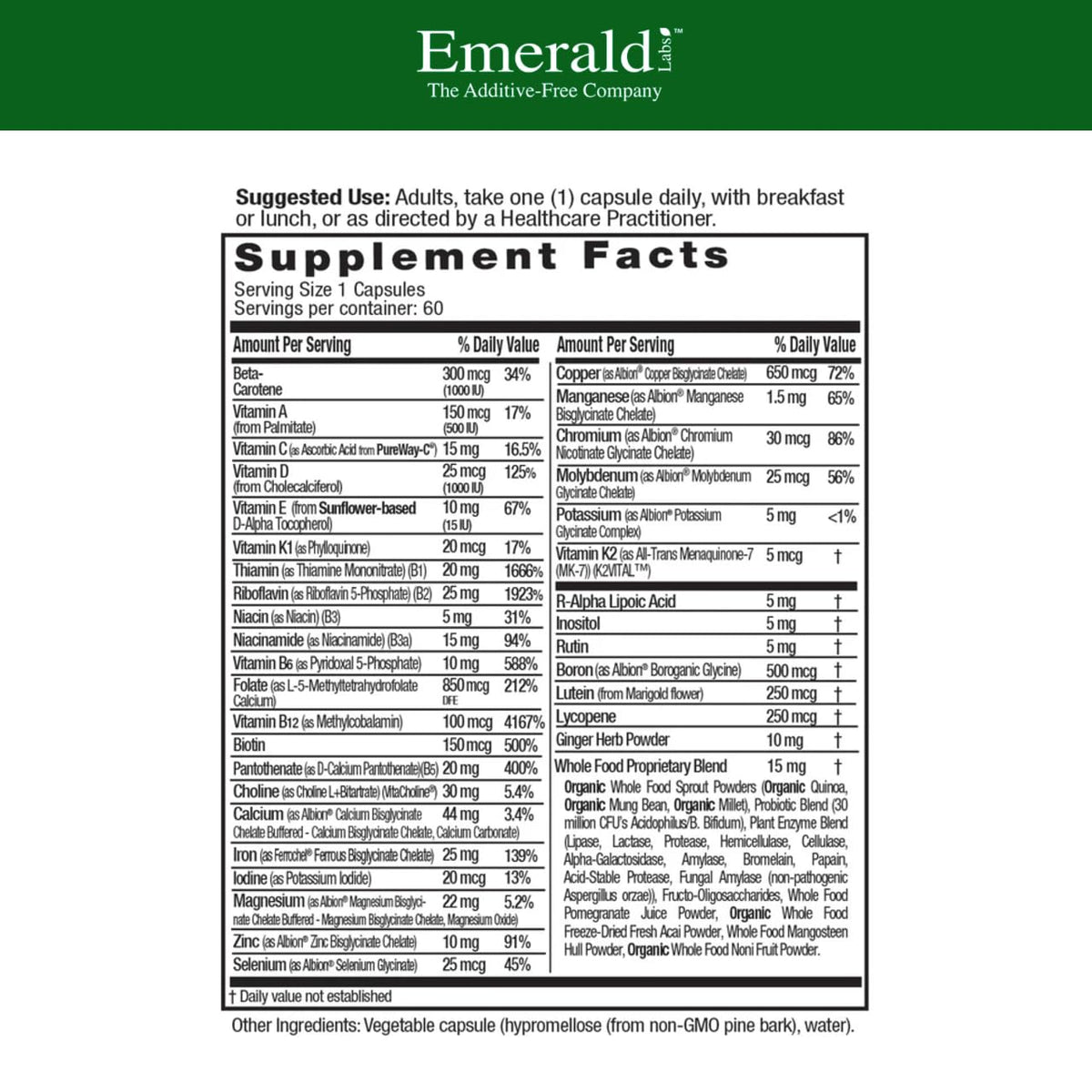 EMERALD LABS Multivitamine Prénatale 60 capsules dos de l'emballage