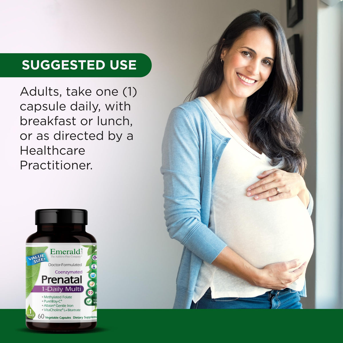 EMERALD LABS Multivitamine Prénatale 60 capsules ouvertes avec une capsule en vue