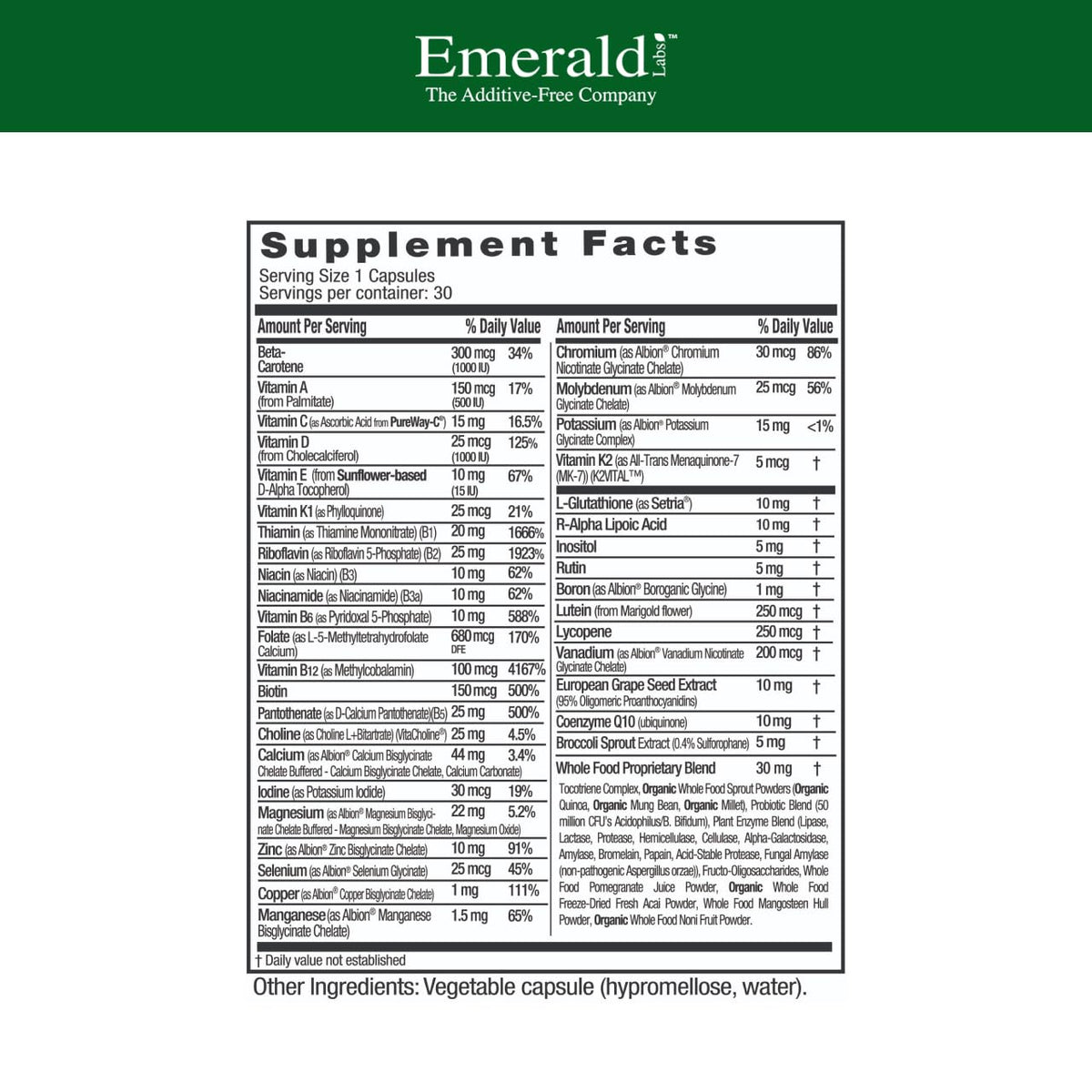 EMERALD LABS Multivitamines Femme 45+ 30 Capsules - ingrédients