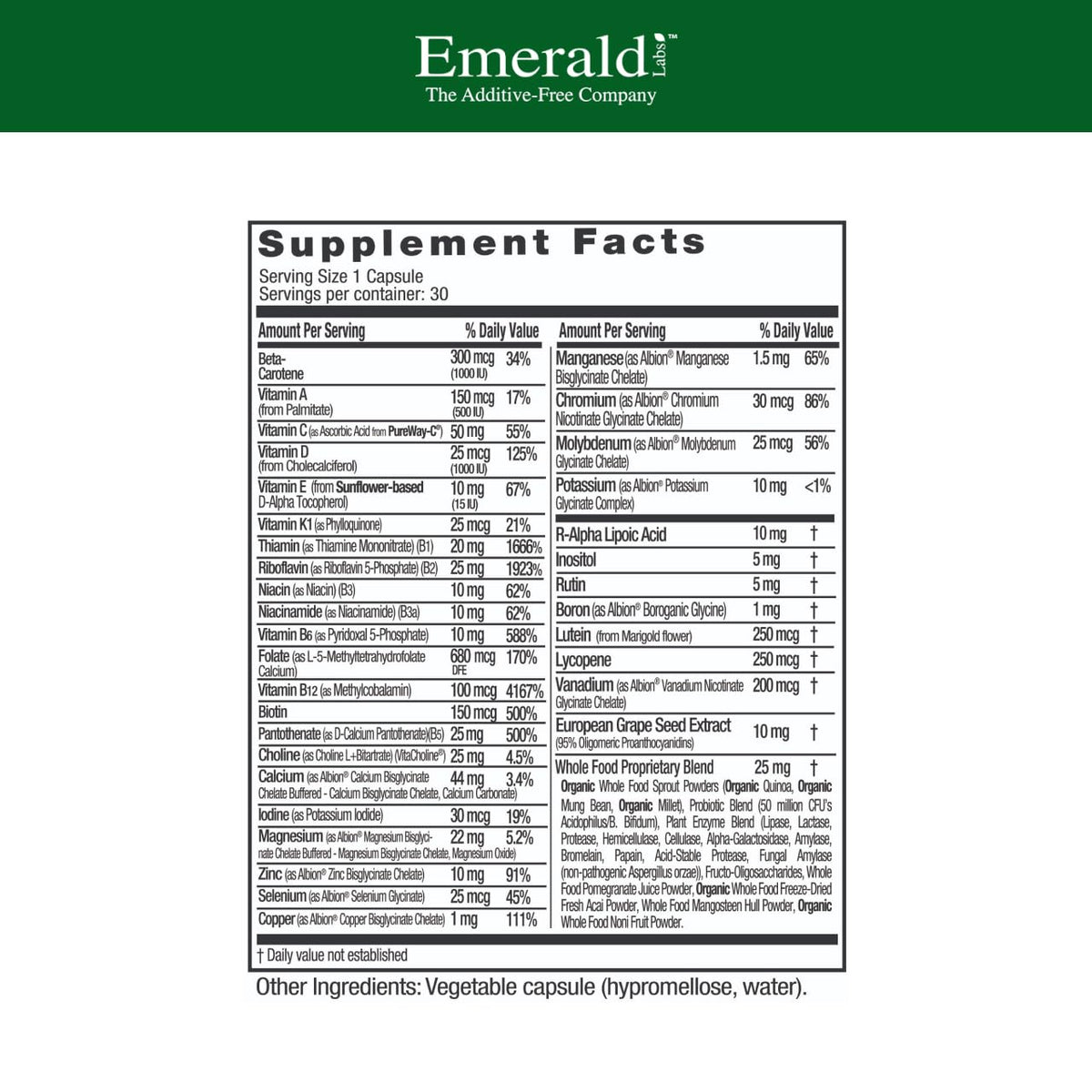 EMERALD LABS Multivitamines Femmes 30 Capsules - étiquette avec ingrédients