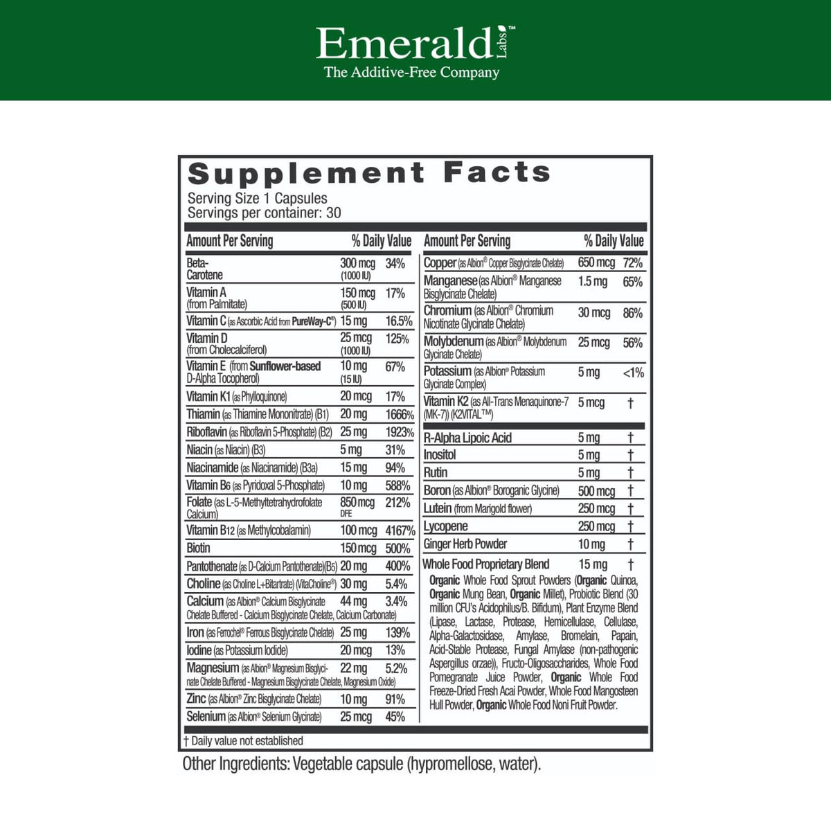EMERALD LABS Multivitamines Prénatales 30 Capsules Végétales côté gauche