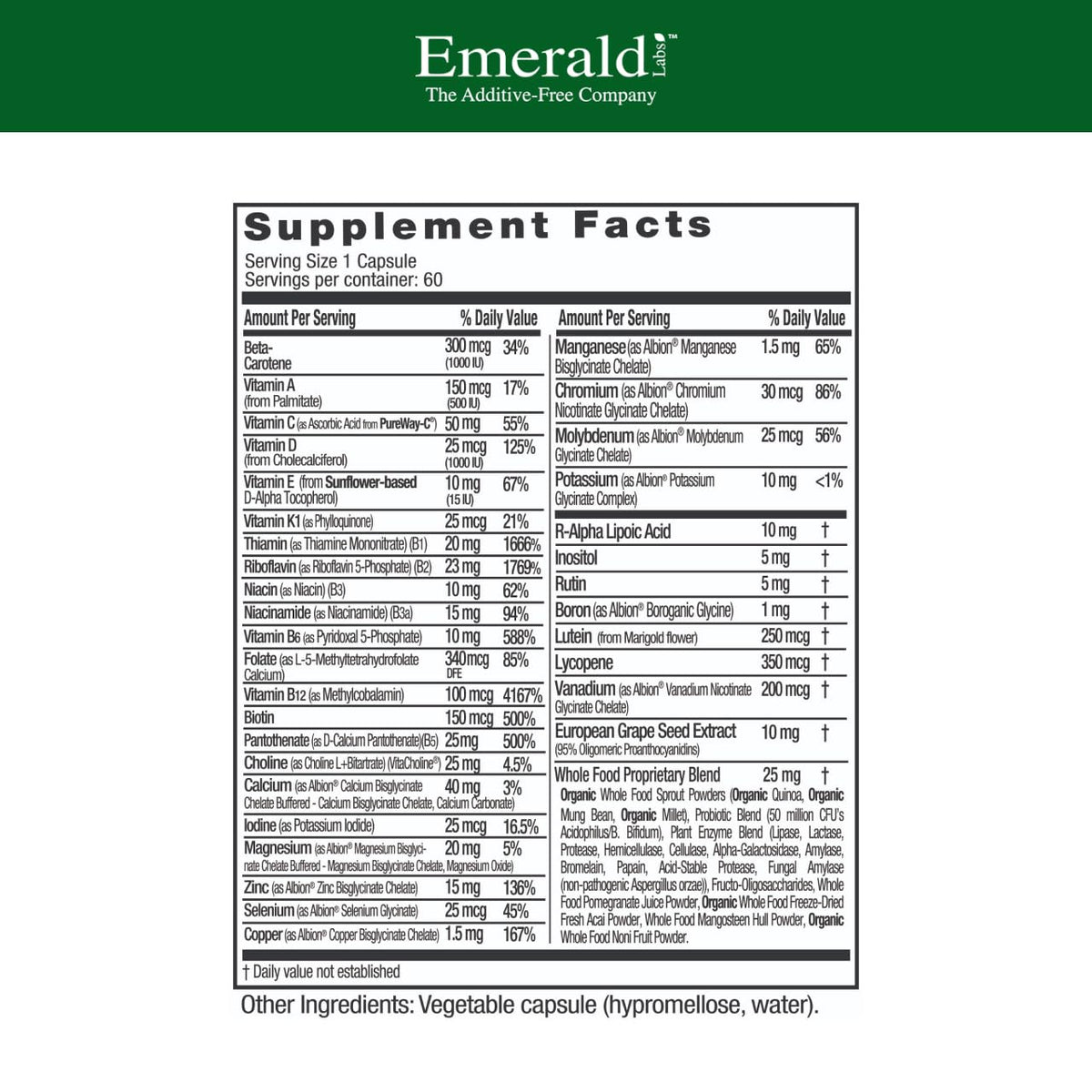 EMERALD LABS Multivitamines Quotidiennes pour Hommes 60 Capsules arrière