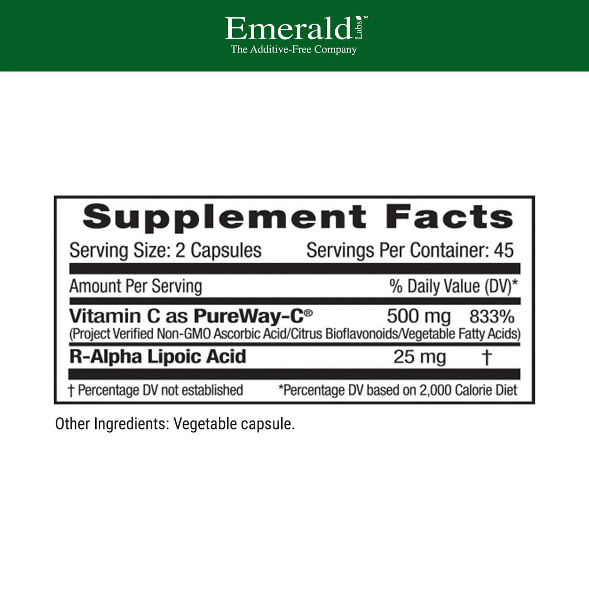 EMERALD LABS PureWay-C 90 capsules vue arrière avec ingrédients