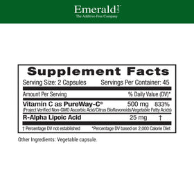 EMERALD LABS PureWay-C 90 capsules vue arrière avec ingrédients