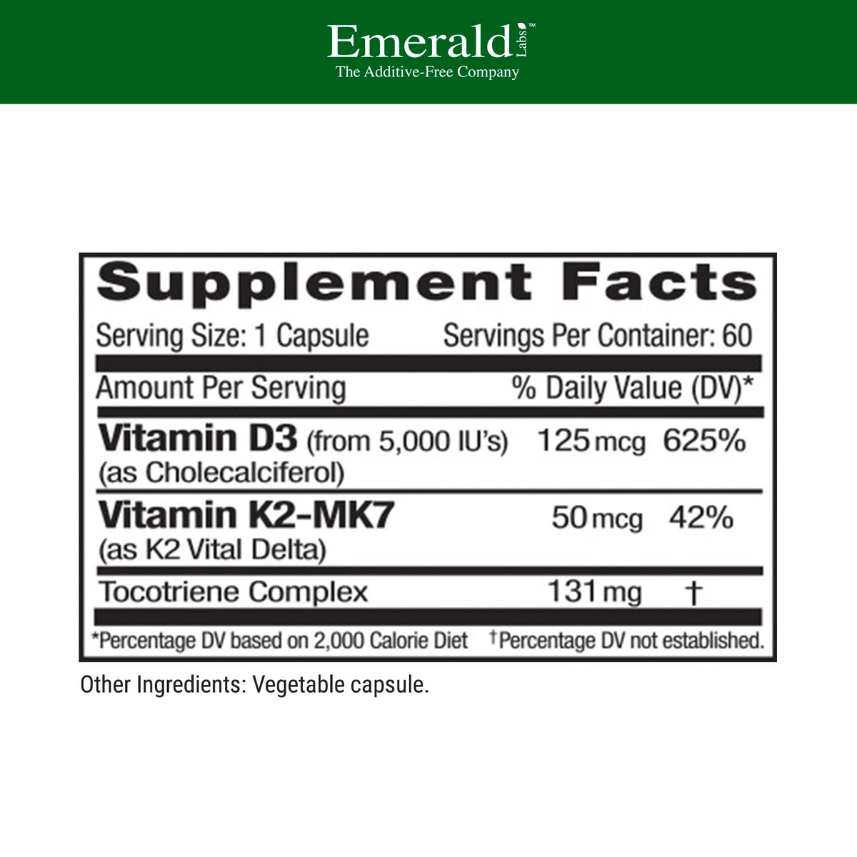 EMERALD LABS Vitamine D3 & K2 60 capsules avec étiquette détaillée