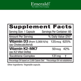 EMERALD LABS Vitamine D3 & K2 60 capsules avec étiquette détaillée