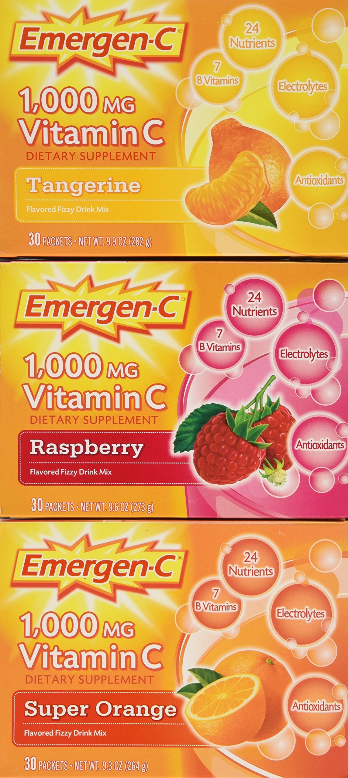 Emergen-C Mélange de Boisson Pétillante 90 Sachets vue de face avec saveurs orange, framboise et mandarine