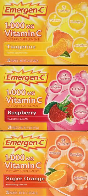 Emergen-C Mélange de Boisson Pétillante 90 Sachets vue de face avec saveurs orange, framboise et mandarine