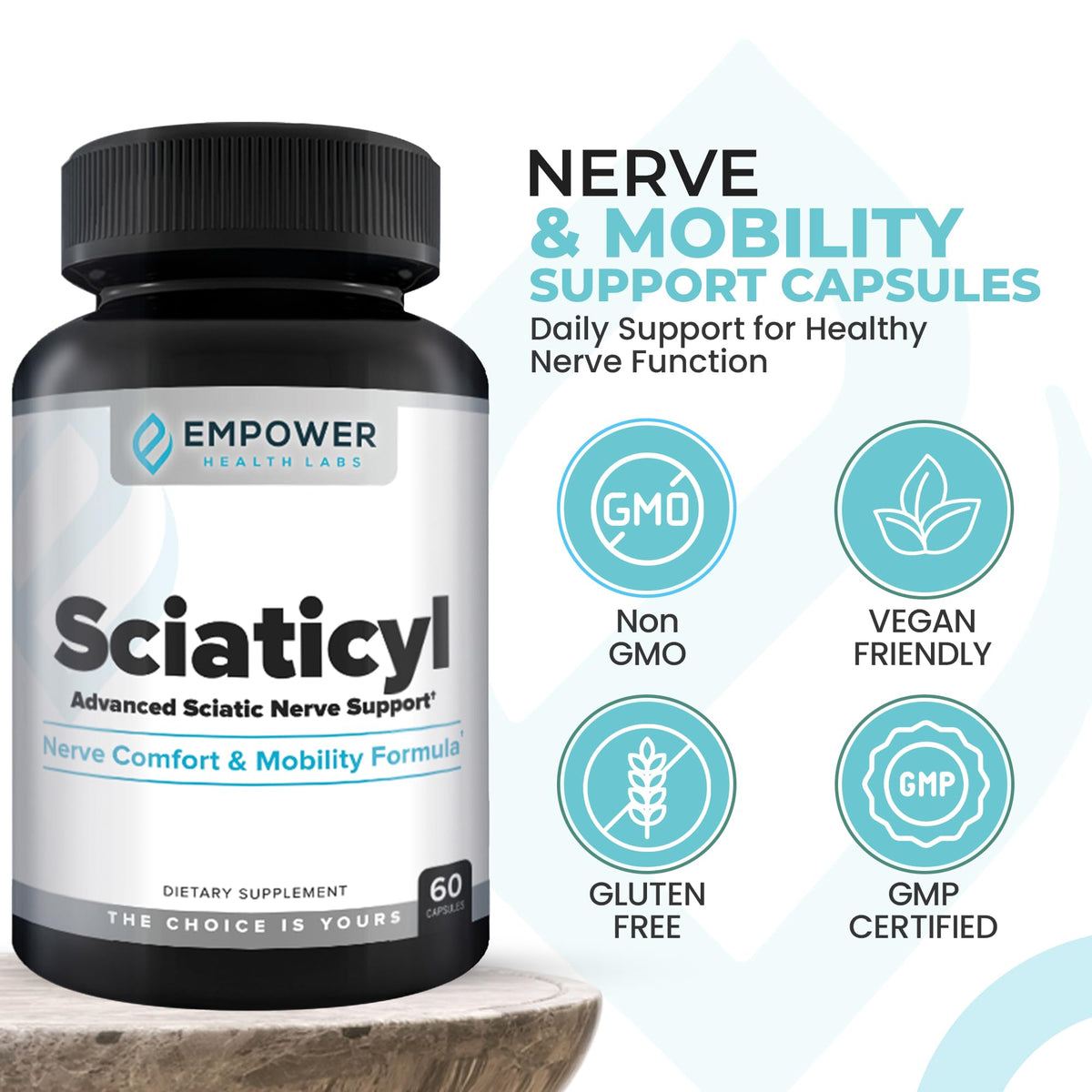 Empower Health Labs Sciaticyl 60 capsules dans un environnement de vie actif