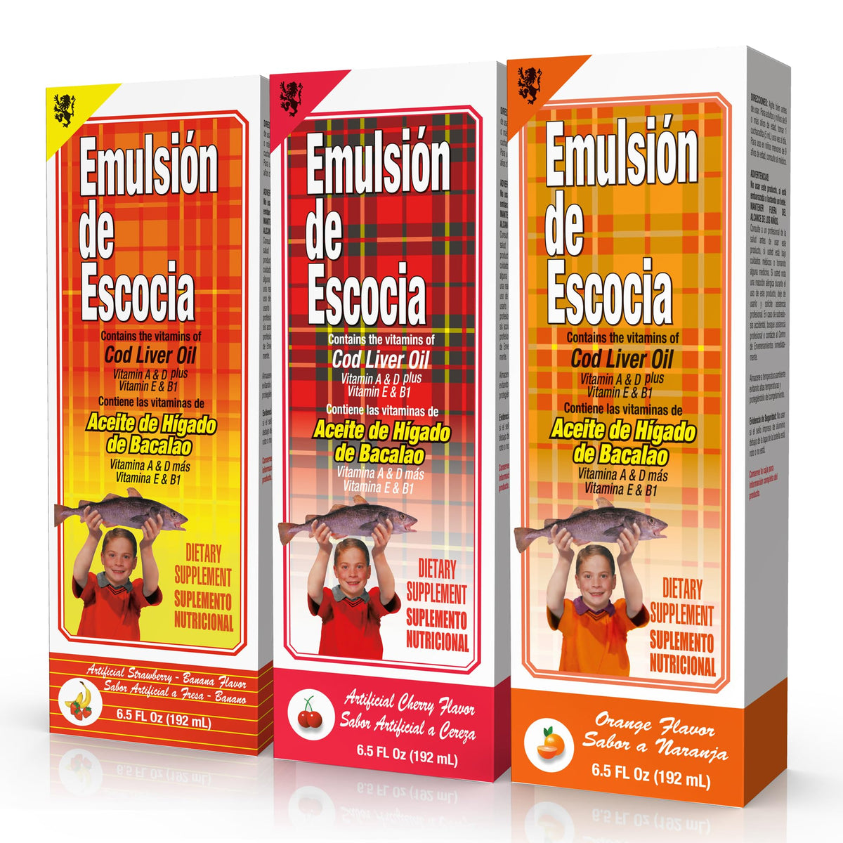 Emulsion de Escocia Huile de Foie de Morue 3 Saveurs 6,5 fl oz pack avant
