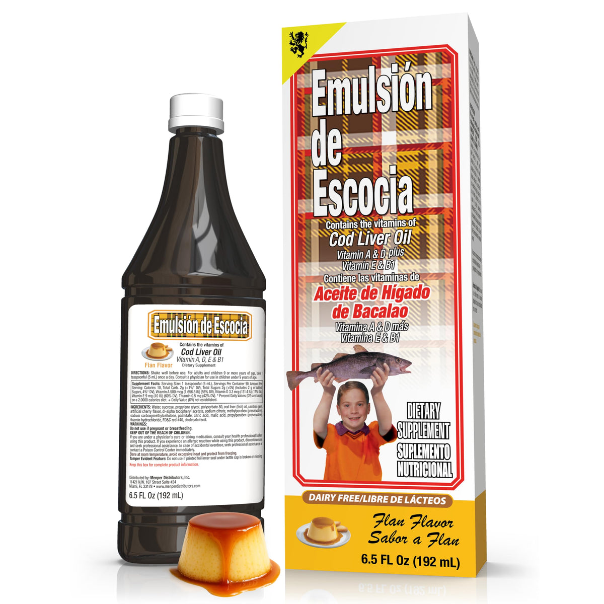 Emulsion de Escocia Huile de Foie de Morue Saveur Flan 192 ml vue de face