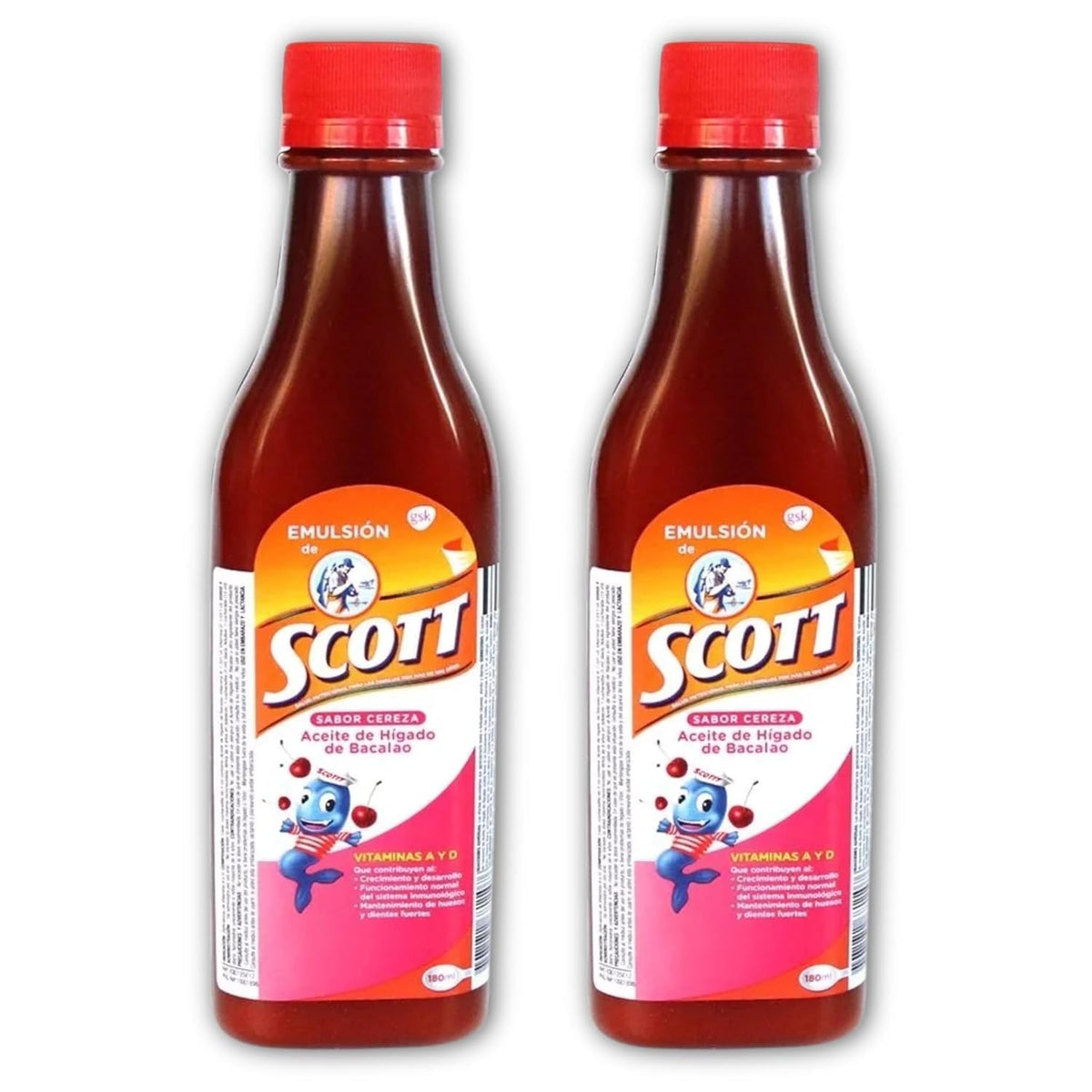 Emulsion de Scott 180 ml bouteille vue avant avec étiquette cerise