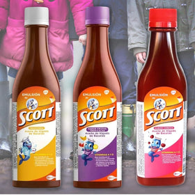 Emulsion de Scott 180 ml en situation sur une table avec des fruits