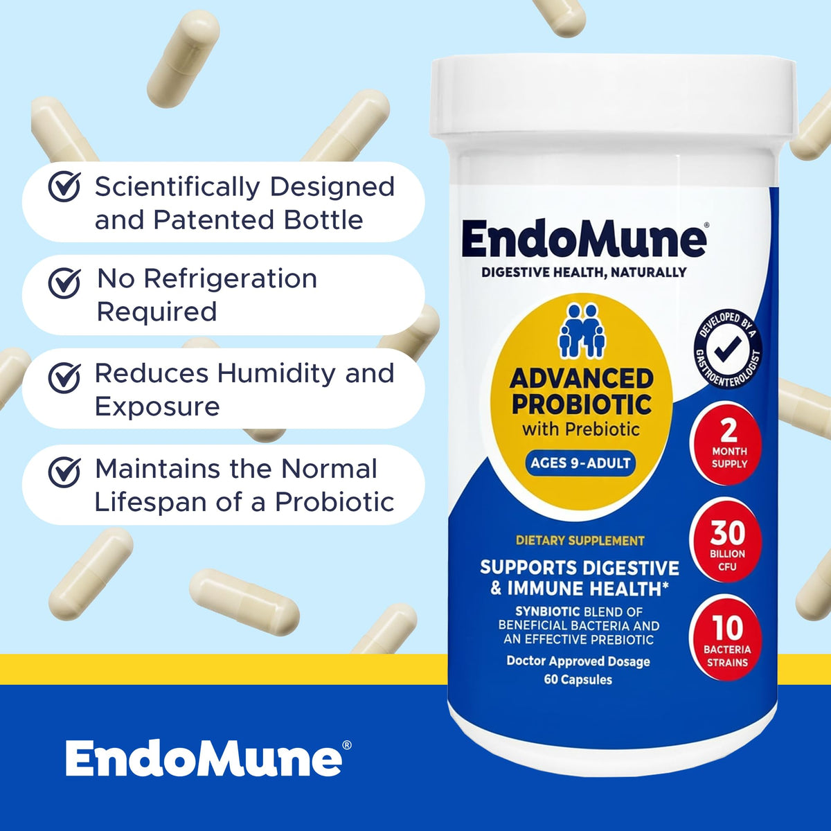 Endomune Probiotique, capsules dans un verre