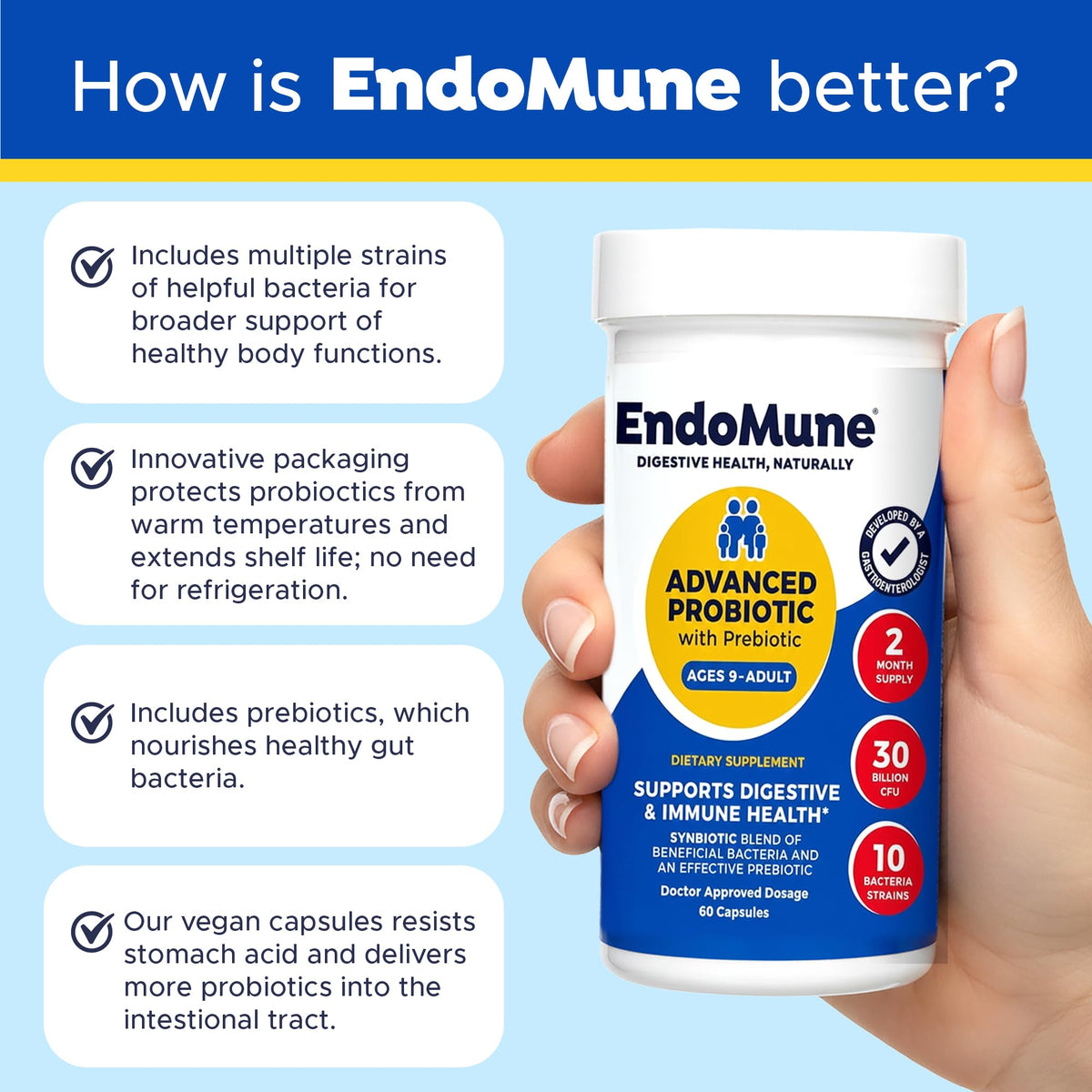 Endomune Probiotique, étiquette de l'emballage avec spécifications