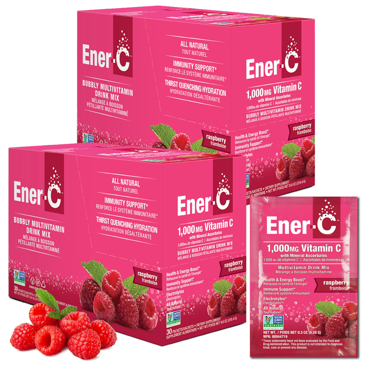 Ener-C Mélange Multivitaminé Électrolytes 60 Sachets Framboise vue de face
