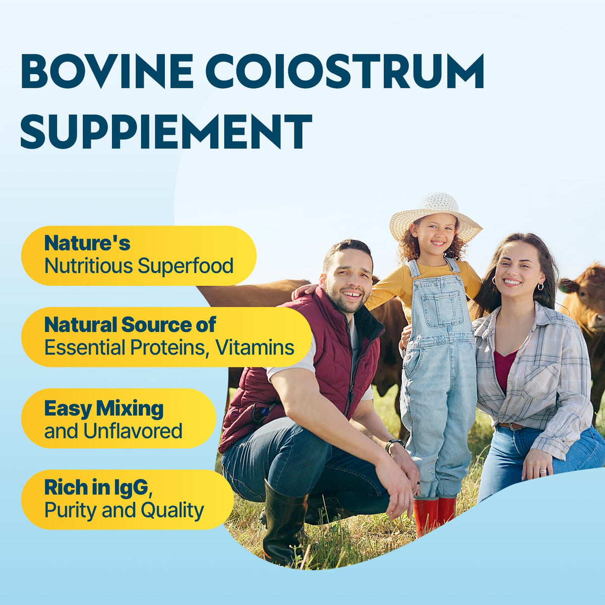 Energievoll colostrum bovin en poudre à côté d'un verre d'eau