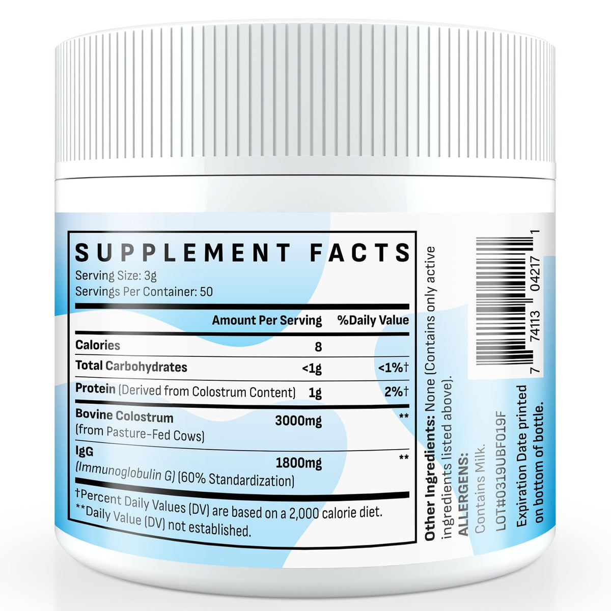 Energievoll colostrum bovin en poudre en sachet sur fond blanc