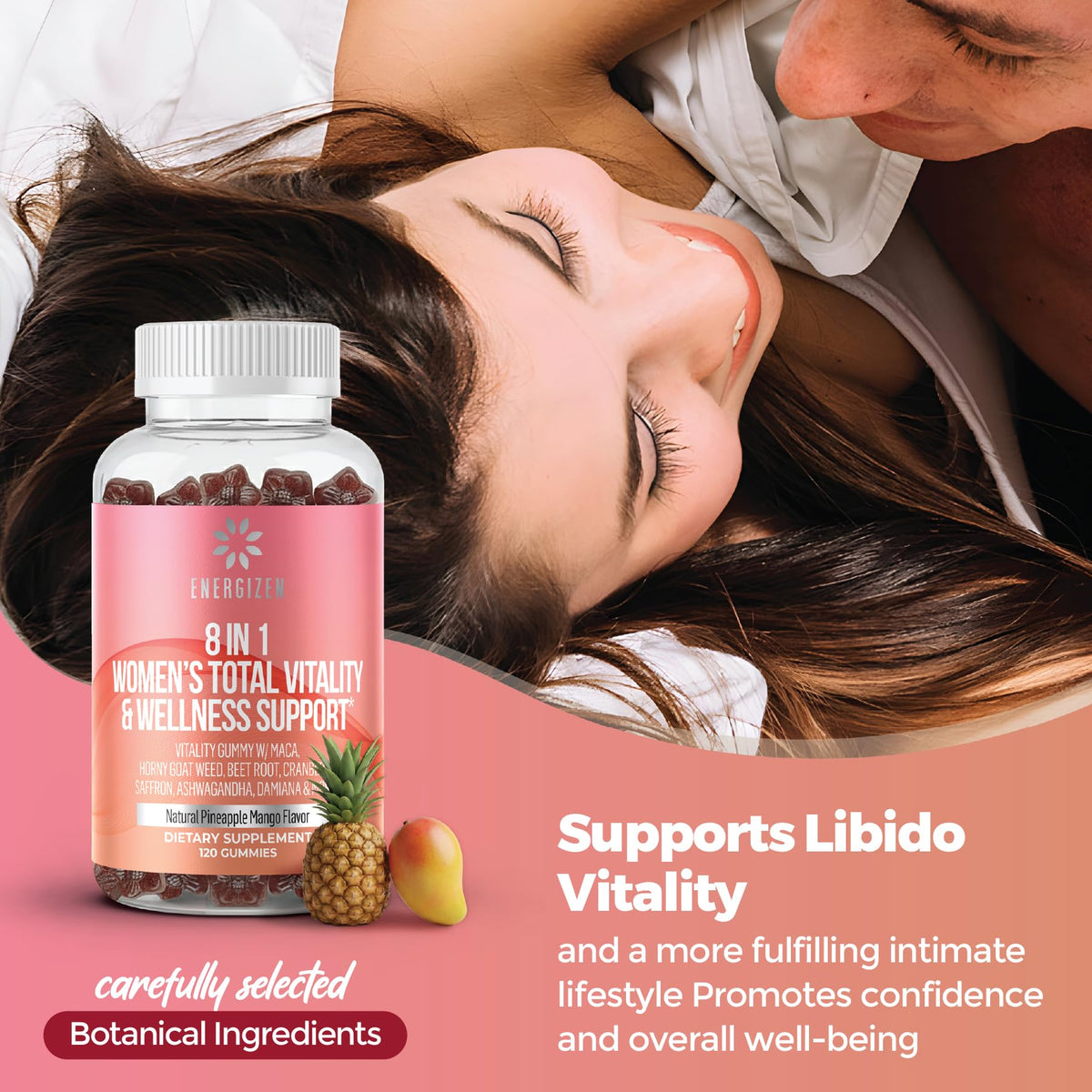 Energizen Gummies Vitalité Femmes displayed on a kitchen counter