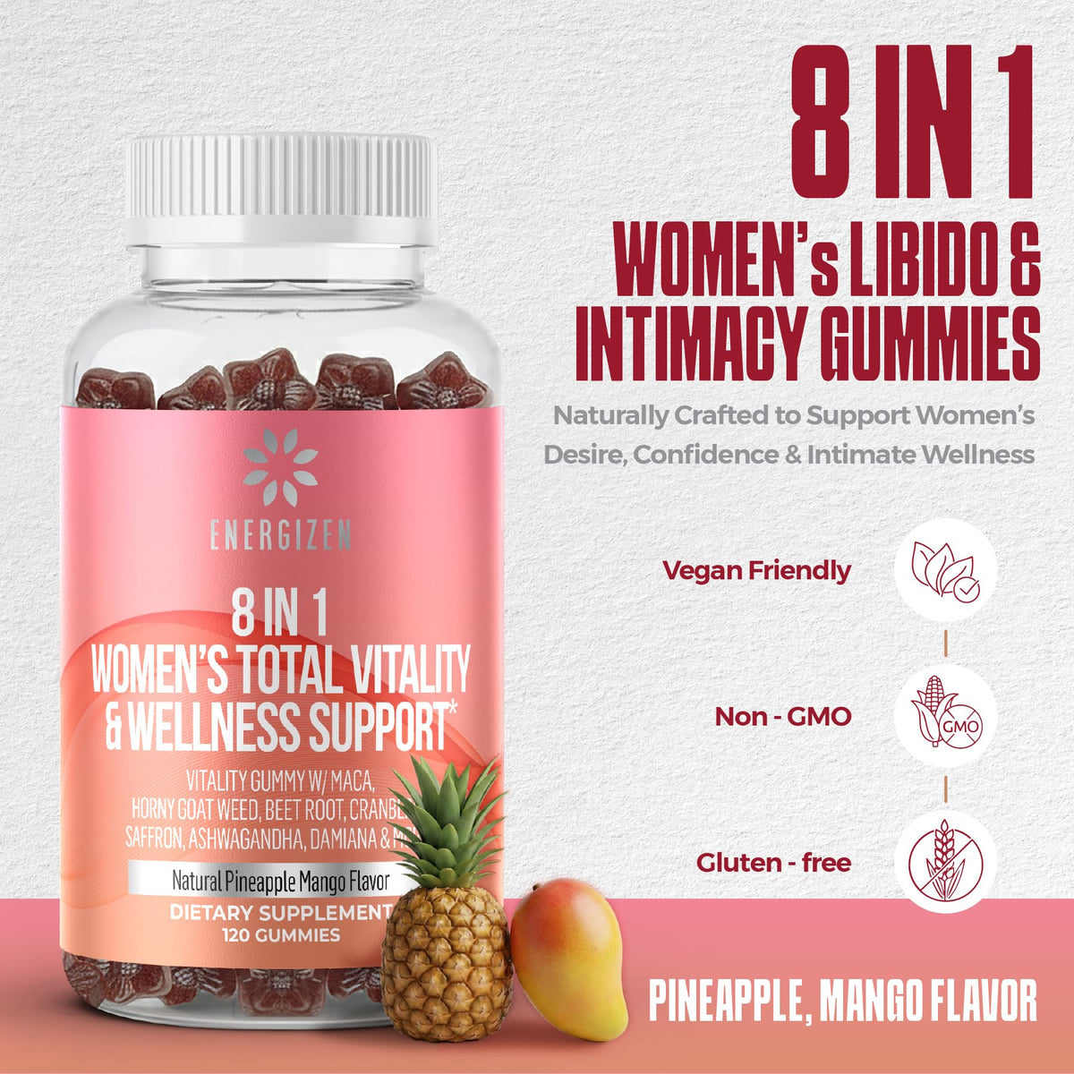 Energizen Gummies Vitalité Femmes with a fresh mango and pineapple