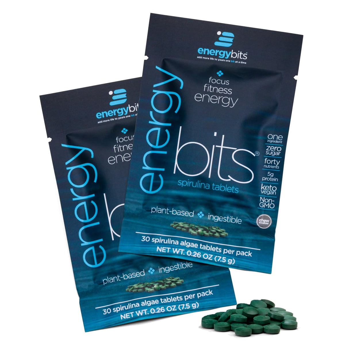 ENERGYBITS Spirulina Bio 60 comprimés d'algues, vue de face