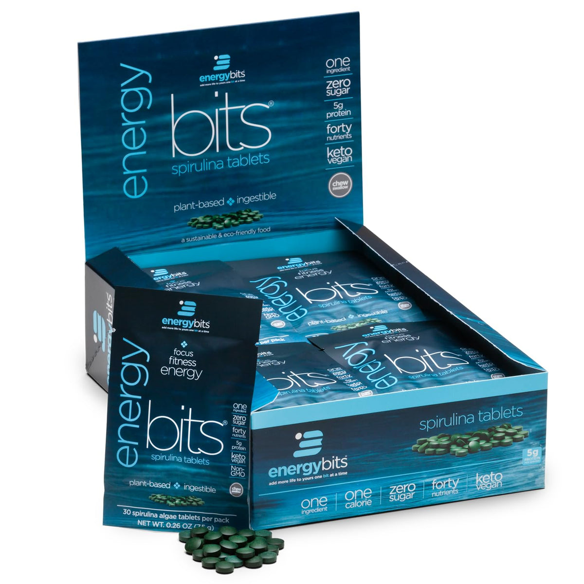 ENERGYBITS Spirulina Tablettes 900 algues, vue de face