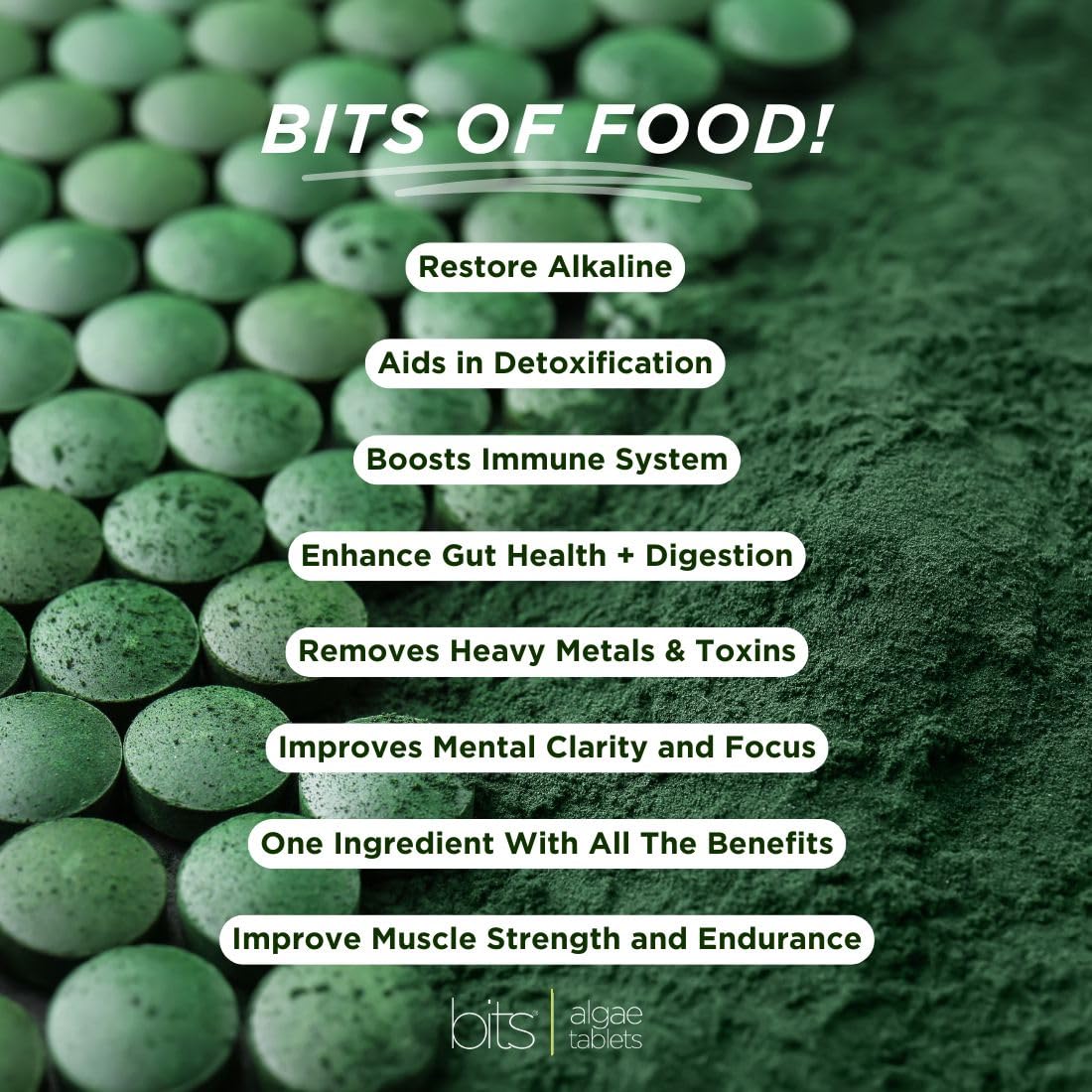 ENERGYBITS Tablettes de Chlorelle BIO, emballage ouvert avec tablettes visibles