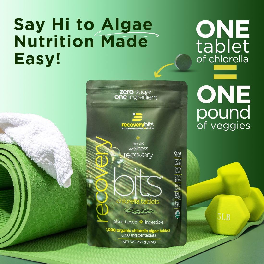 ENERGYBITS Tablettes de Chlorelle BIO, prise avec un smoothie